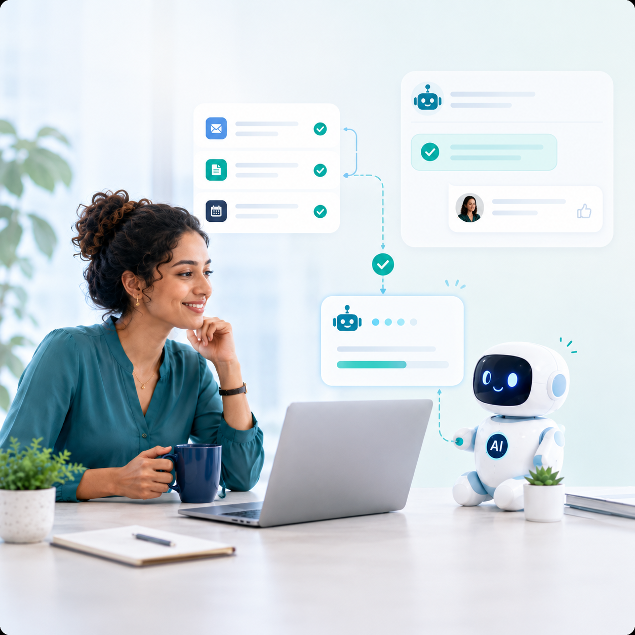 A woman working with an AI assistant beside her laptop